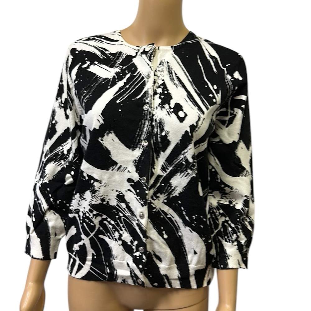 Spense Black White Print Gem Button Down Lightweight Cardigan Sweater Large